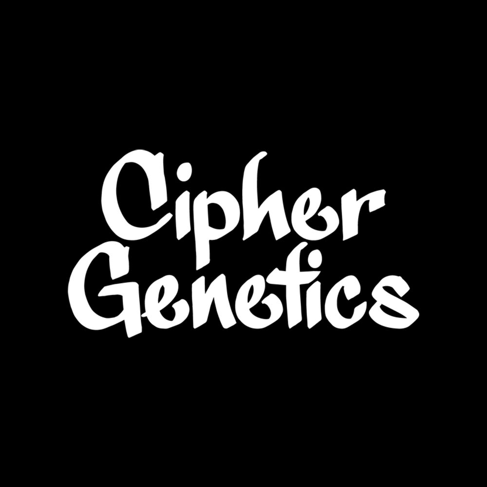Weißer stilisierter Text mit der Aufschrift Cipher Genetics auf schwarzem Hintergrund.