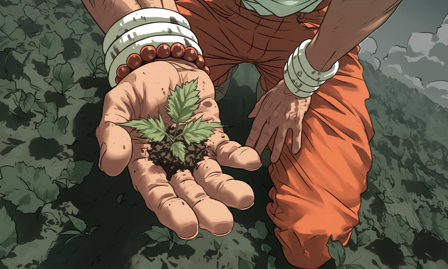 Eine Person, die eine orangefarbene Hose und weiße Armreifen trägt, kniet auf dem Boden und hält einen kleinen grünen Setzling mit Erde in der Hand, umgeben von Pflanzen.