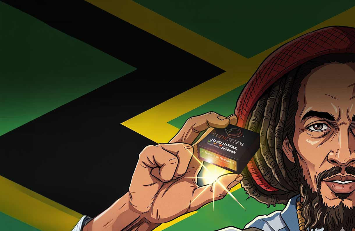 Illustration eines Mannes mit Dreadlocks und Hut, der ein glühendes Produkt hochhält, vor der jamaikanischen Flagge mit grünen, gelben und schwarzen Diagonalstreifen.
