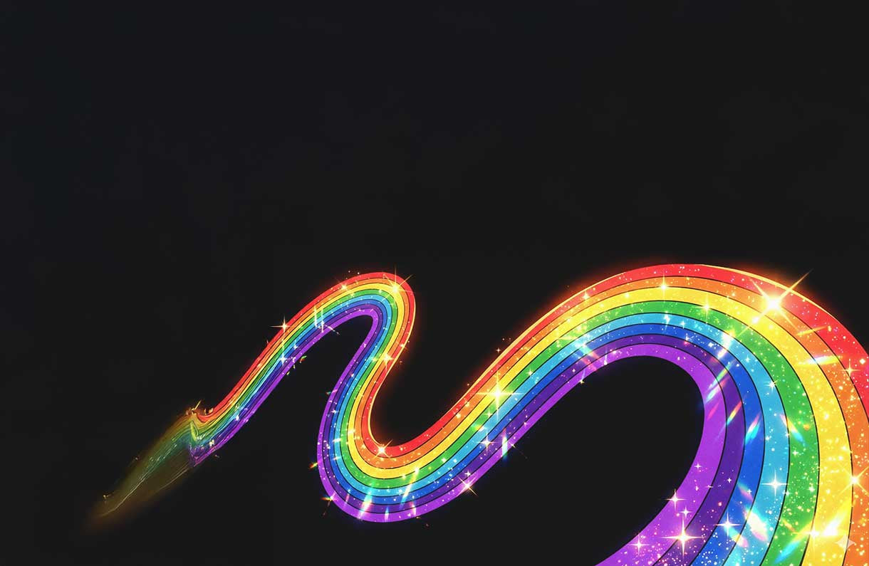 Ein Flieger mit Taucherbrille und Lederjacke blickt durch ein Fernglas, das Regenbogenlicht reflektiert, auf schwebende Inseln und Luftschiffe im bunten Himmelshintergrund.
