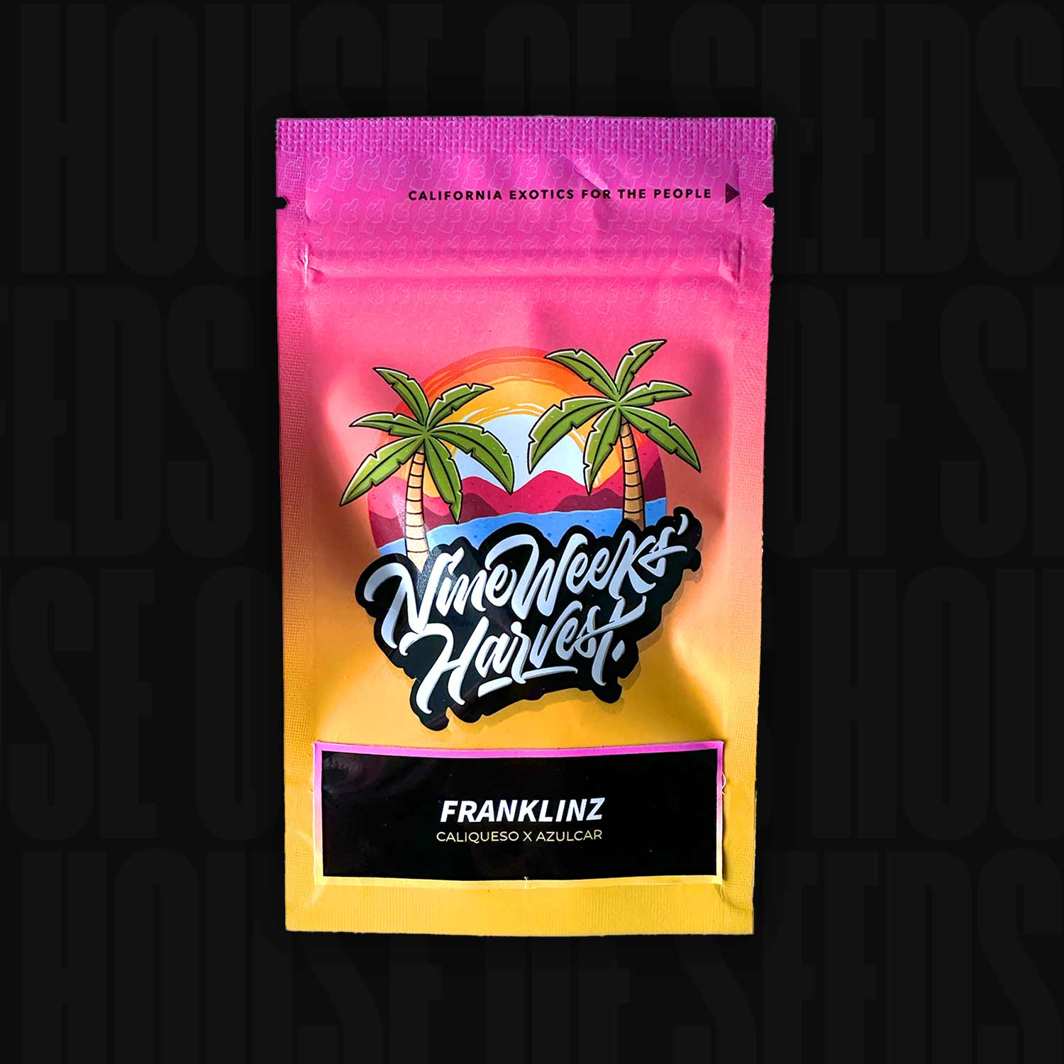 Farbenfroher Nine Weeks Harvest Beutel Franklinz mit Palmen und Sonne, Aufschrift Caliqueso x Azúcar