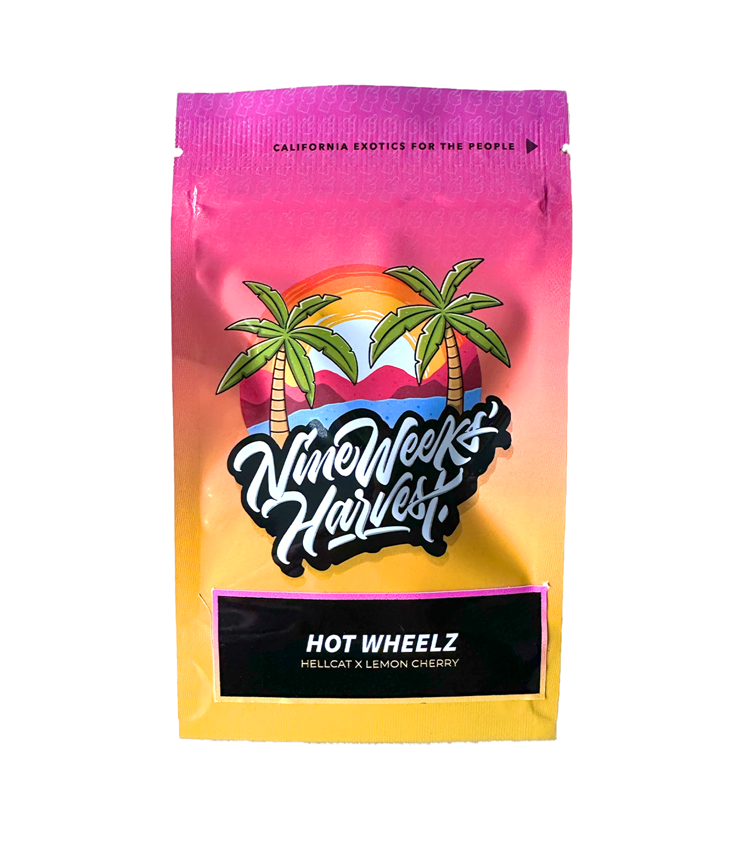 Leuchtende Nine Weeks Harvest Hot Wheelz Packung mit Palmen, Sonnenuntergang und Bergen, Aufschrift Hot Wheelz