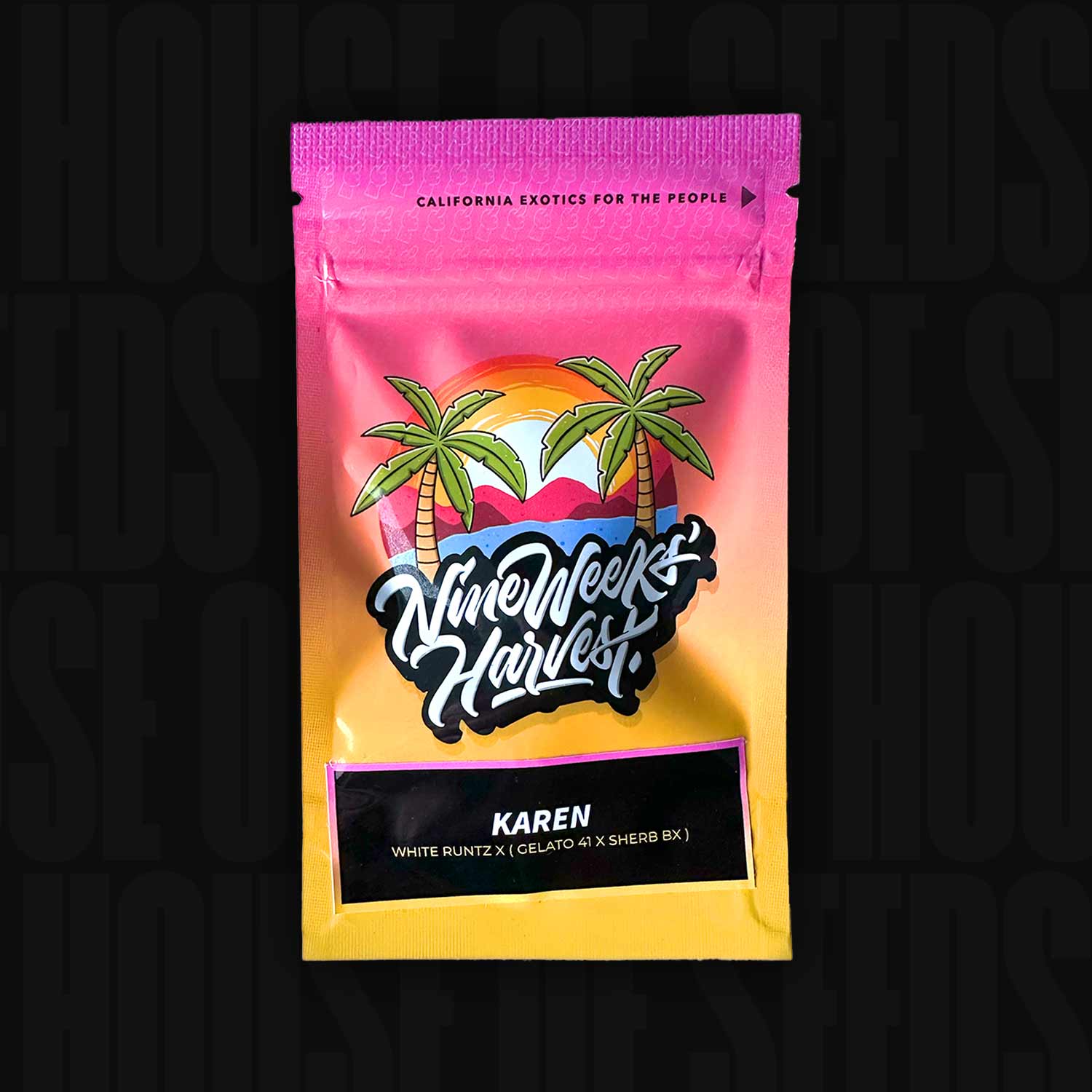 Bunte Verpackung von Nine Weeks Harvest für Karen mit Palmen, Sonnenuntergangsgrafik und Kreuzung White Runtz x Gelato 41 x Sherb Bx