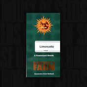 Grünes Barney’s Farm Päckchen Limoncello mit orangefarbenem Sonnenlogo, Aufschrift 5 feminisierte Samen und Text Souvenirs aus Holland