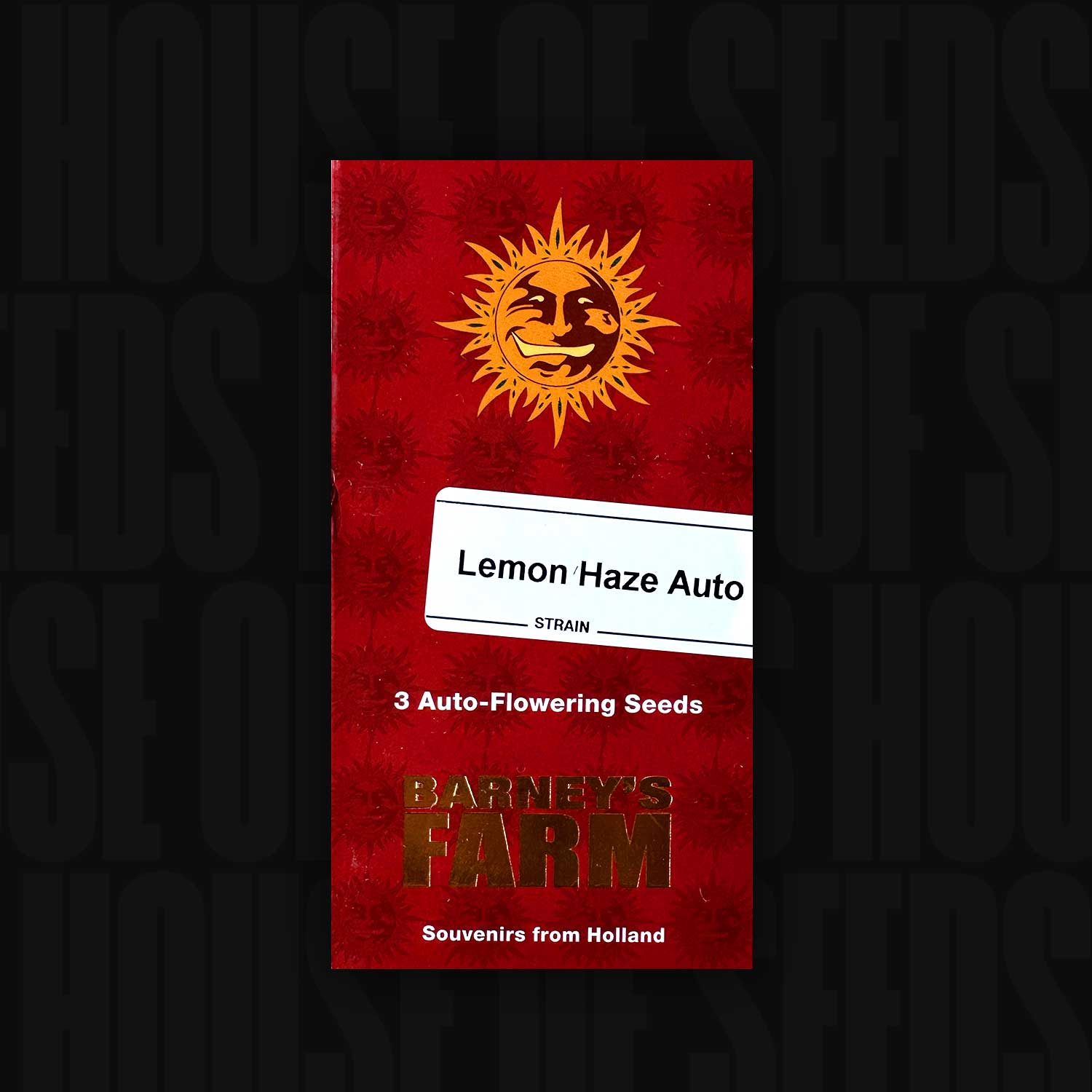 Rote Verpackung für Lemon Haze Auto von Barneys Farm für 3 Auto-Flowering Seeds mit Sonne und Text Souvenirs from Holland