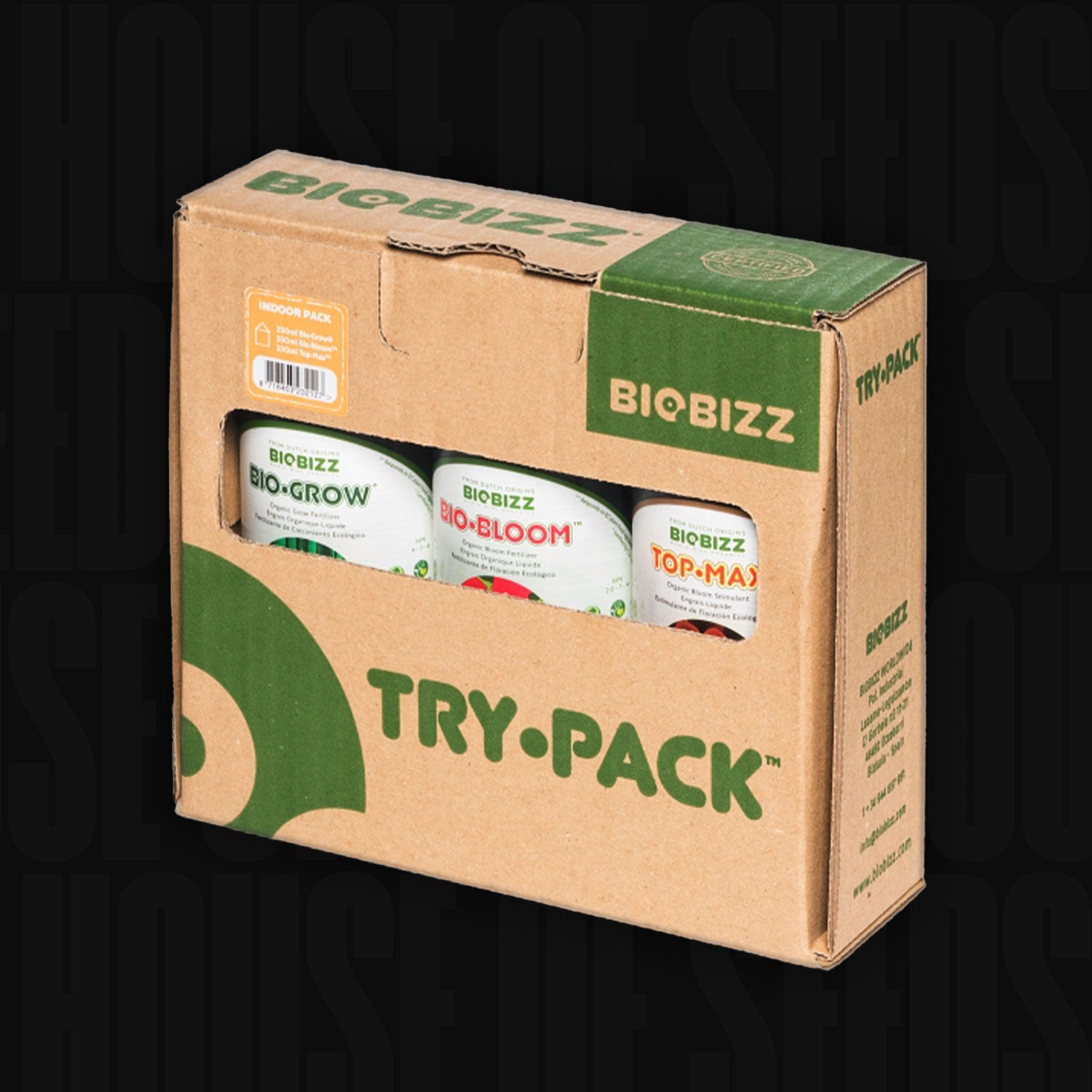 Karton BioBizz Try Pack Indoor mit drei Flaschen Flüssigdünger: Bio-Grow, Bio-Bloom und Top-Max