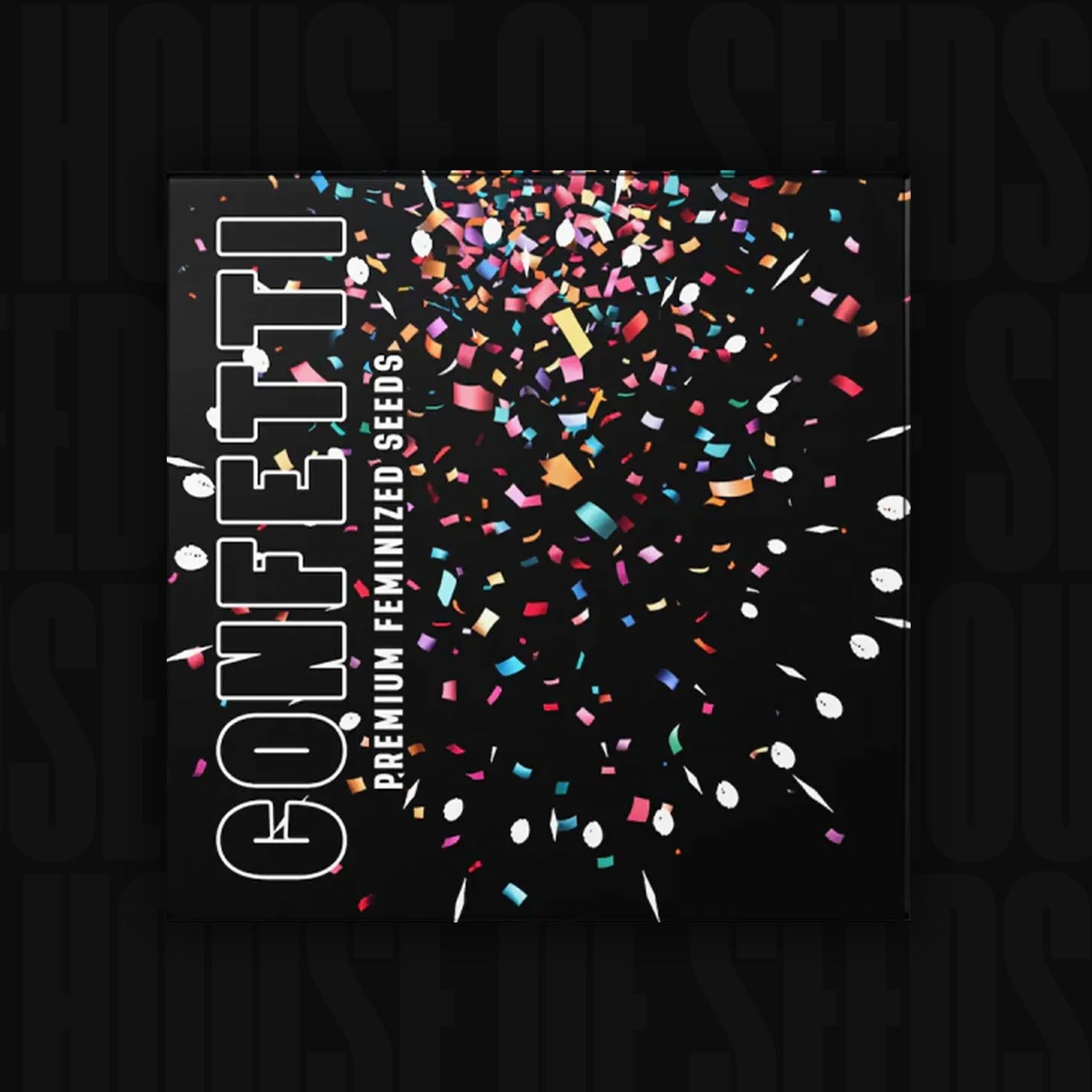 Schwarze quadratische Doja Confetti Verpackung mit buntem Konfetti und weißen Samenformen auf der Vorderseite