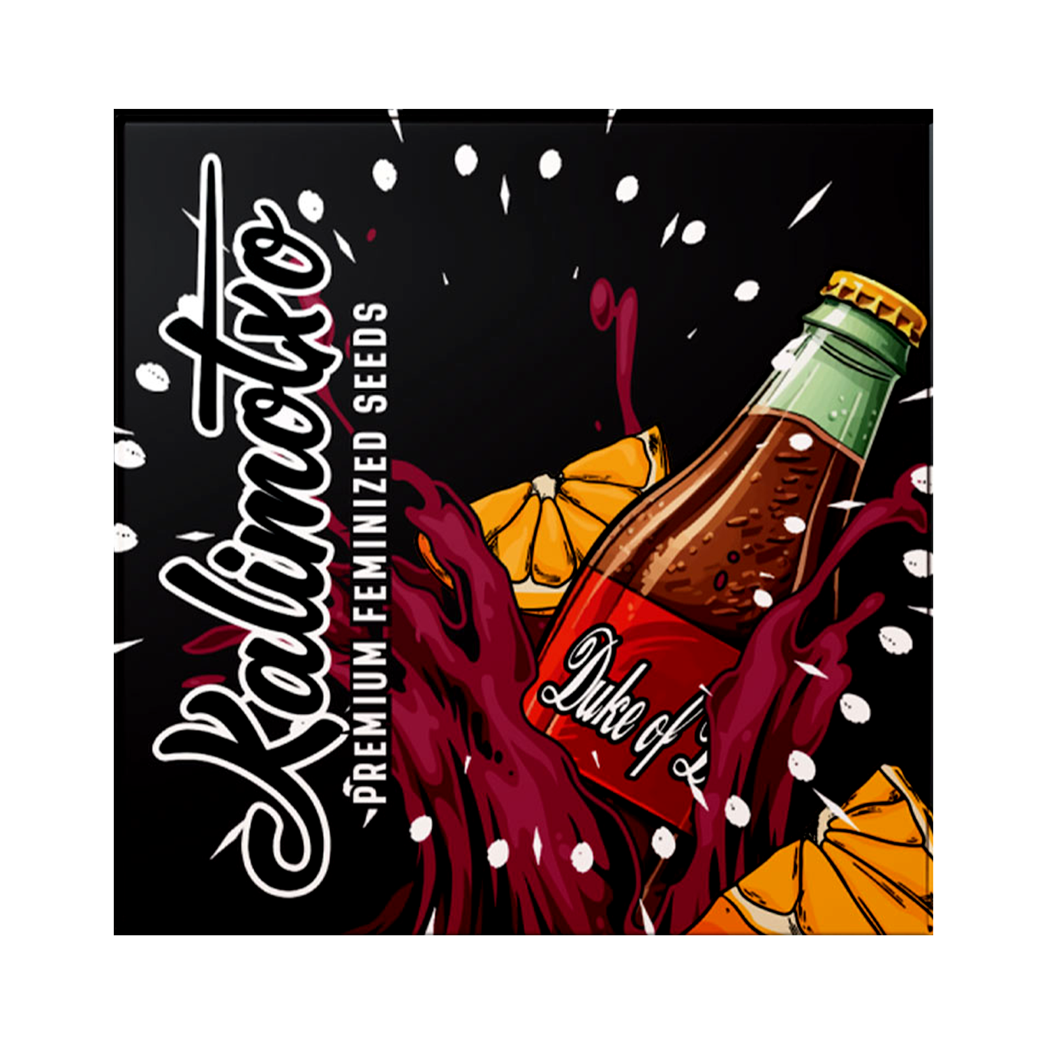 Doja Kalimotoxo Verpackung mit stilisierter Duke of L-Flasche, roter Flüssigkeit, Orangenscheiben und Tropfen