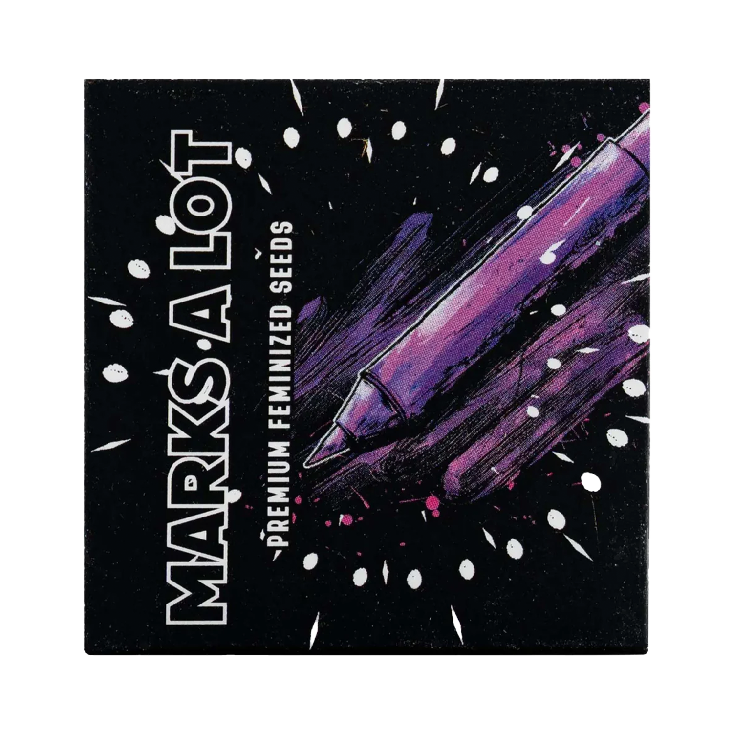 Schwarze Verpackung mit lilafarbenem Marker und dem fetten "Marks a Lot" von Doja auf dem Etikett.