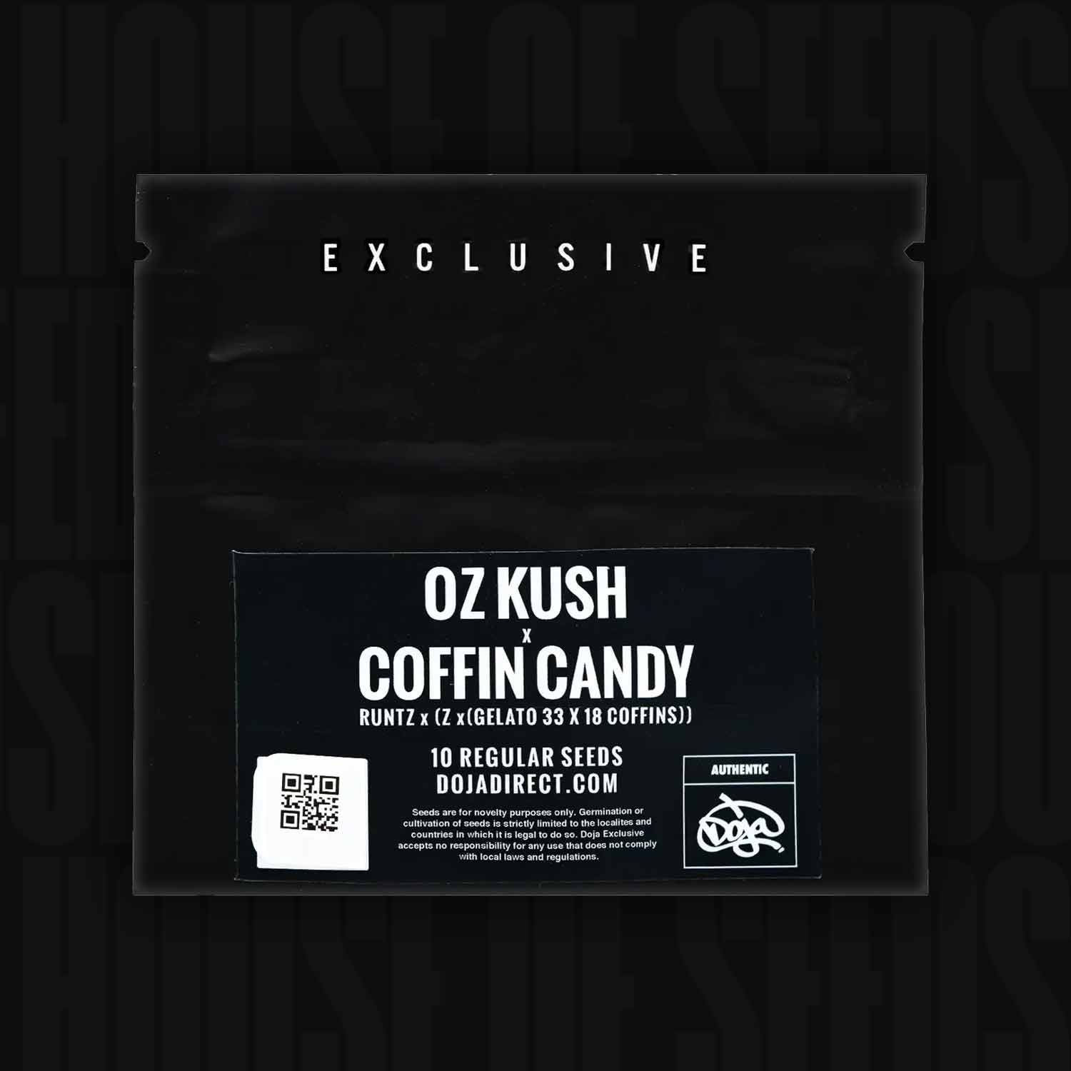 Die Doja Oz Kush x Coffin Candy Samenpackung enthält Details und einen QR-Code auf dem schwarzen Frontetikett.