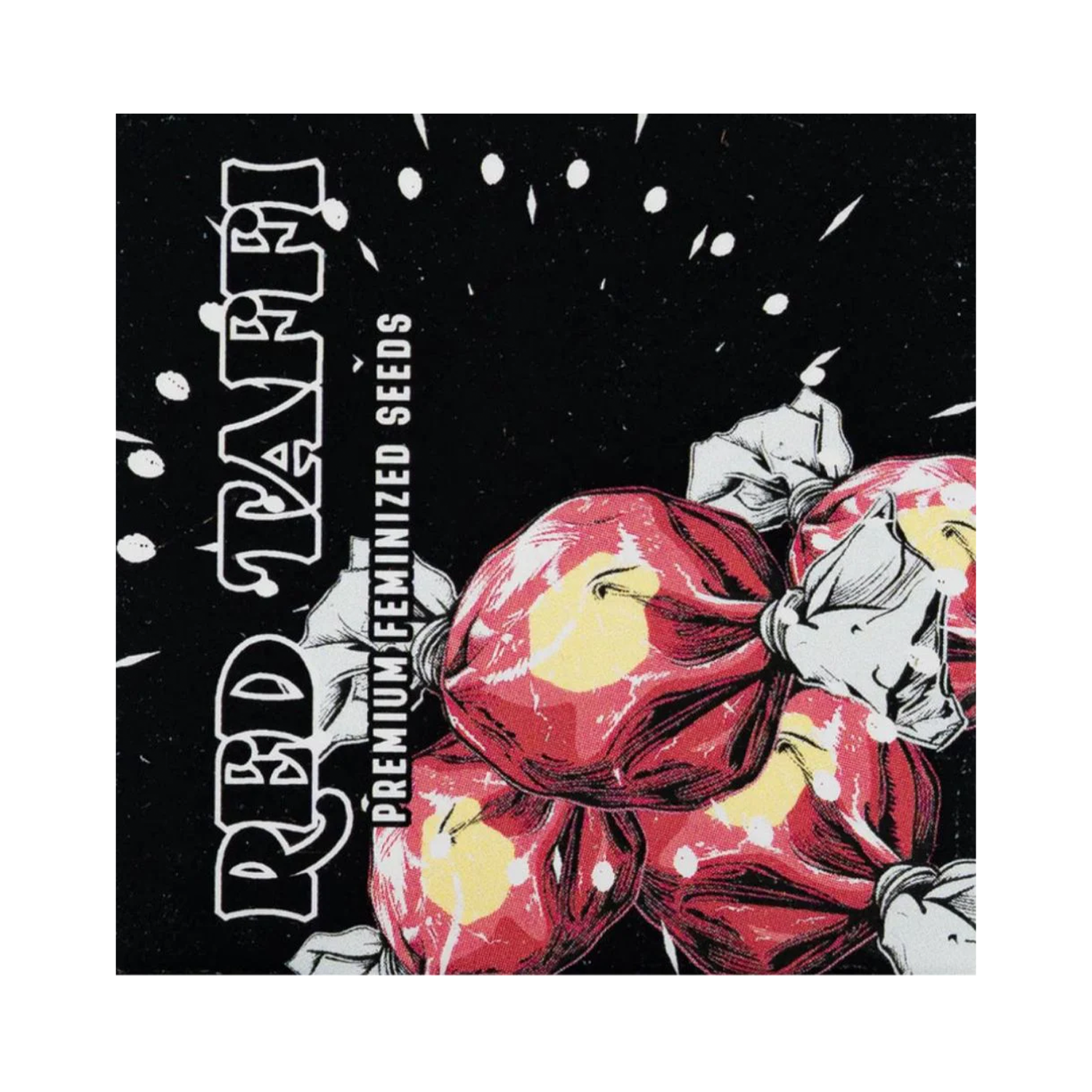 Illustration von roten Taffy-Bonbons mit Text: Doja Red Taffi auf einem schwarzen Hintergrund.