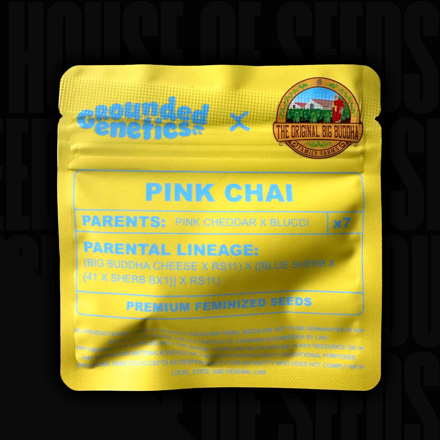 Gelbes Grounded Genetics Pink Chai Paket mit Angaben zu Abstammung und feminisierten Premium-Samen