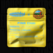 Gelbes Grounded Genetics Pink Chai Paket mit Angaben zu Abstammung und feminisierten Premium-Samen