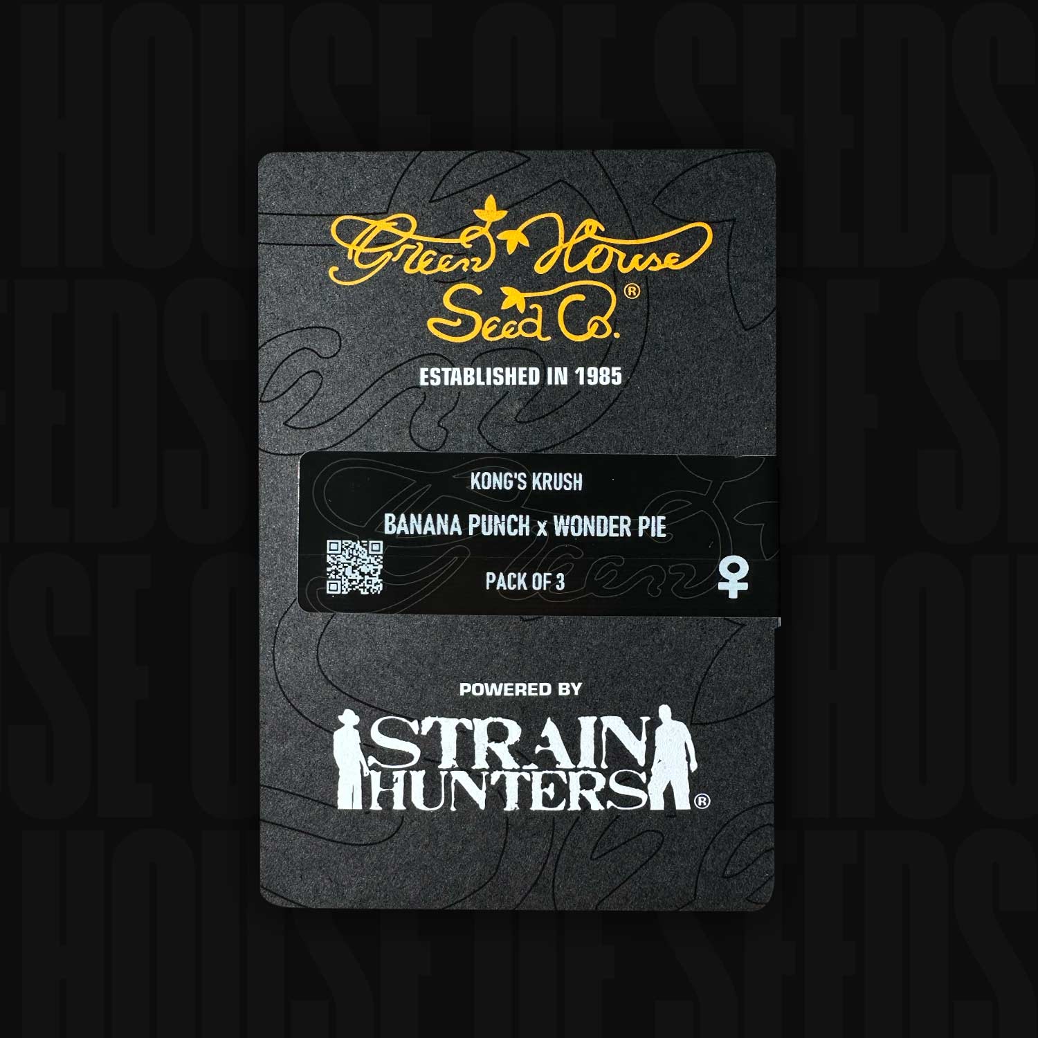 Green House Seeds Kong's Krush schwarzes Samenpaket mit Strain Hunters Logo und Produktdetails.