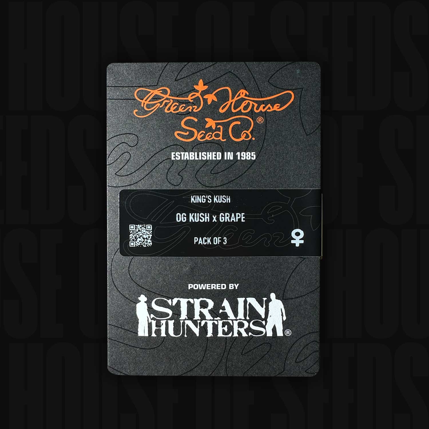Green House Seeds Packung mit der Bezeichnung King's Kush, mit Powered by Strain Hunters.