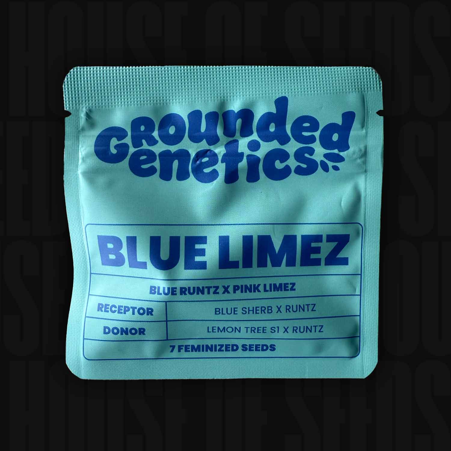 Eine blaue Packung mit der Aufschrift Grounded Genetics Blue Limez mit 7 feminisierten Samen.