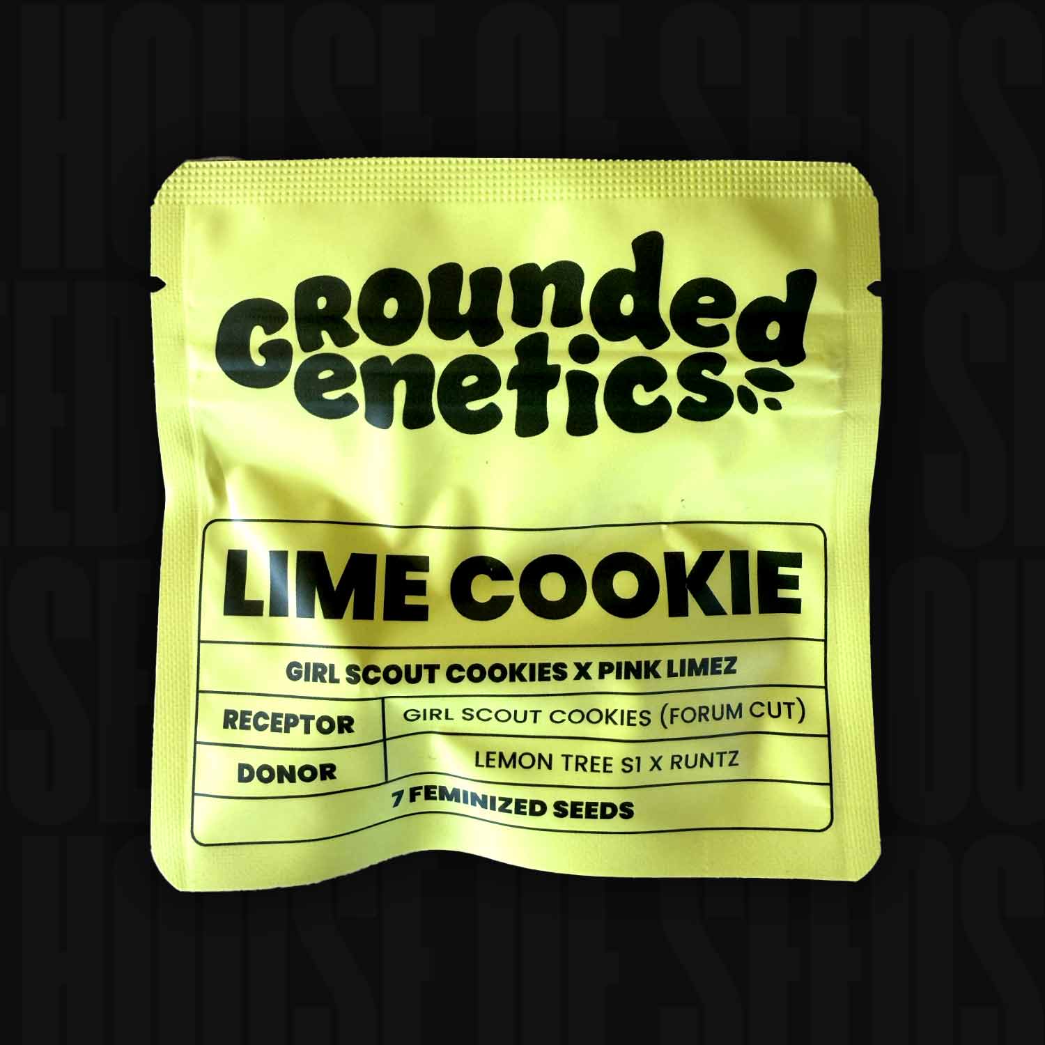 Ein gelbes Lime Cookie-Samenpaket von Grounded Genetics mit fettgedrucktem schwarzem Text und Saatgutdetails.