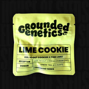 Eine gelbe Verpackung mit der Aufschrift „Lime Cookies“ von Grounded Genetics, auf der Angaben zur Sorte zu sehen sind.