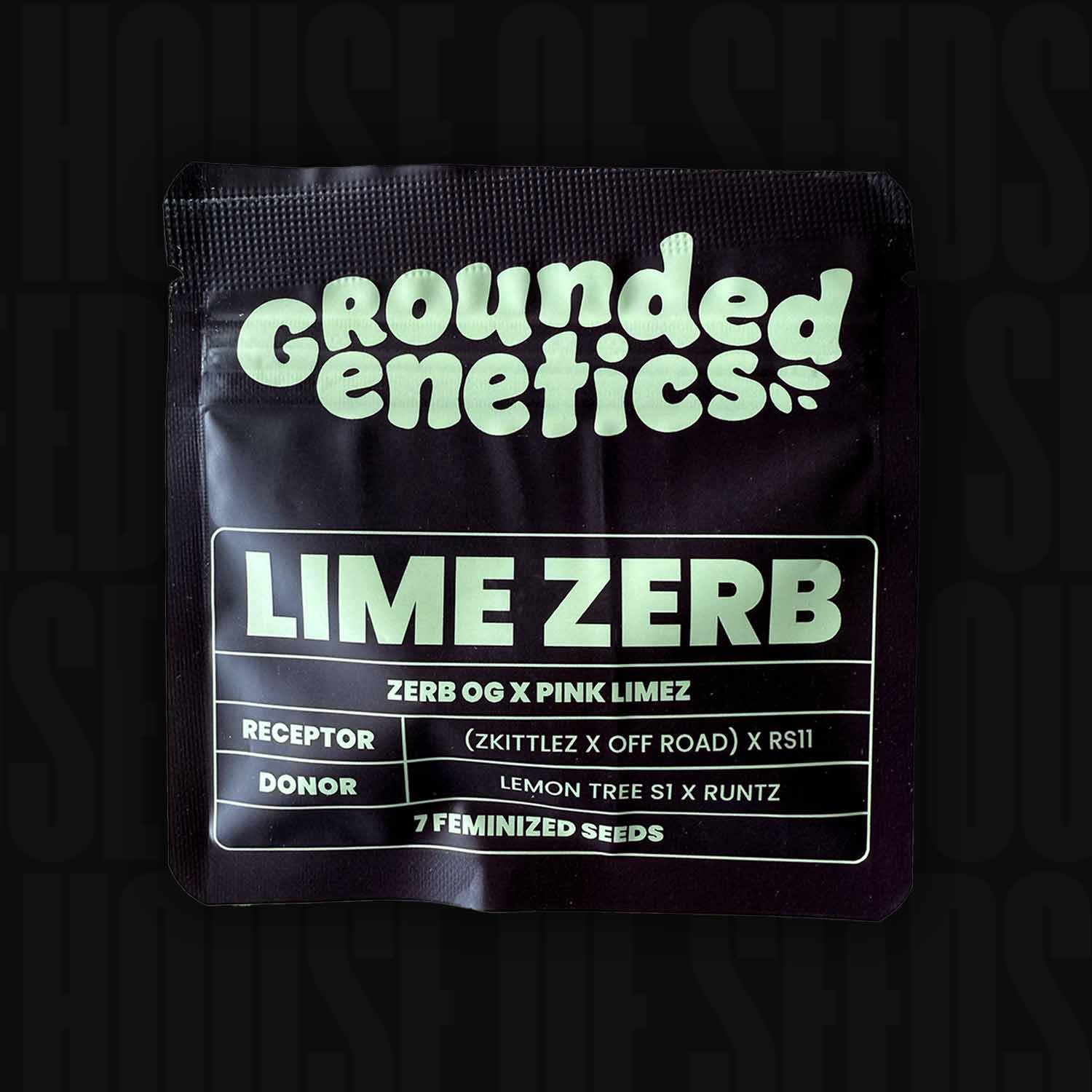 Schwarze Grounded Genetics Verpackung Lime Zerb mit Hinweis auf RS11- und Zkittlez-Abstammung sowie 7 feminisierte Samen