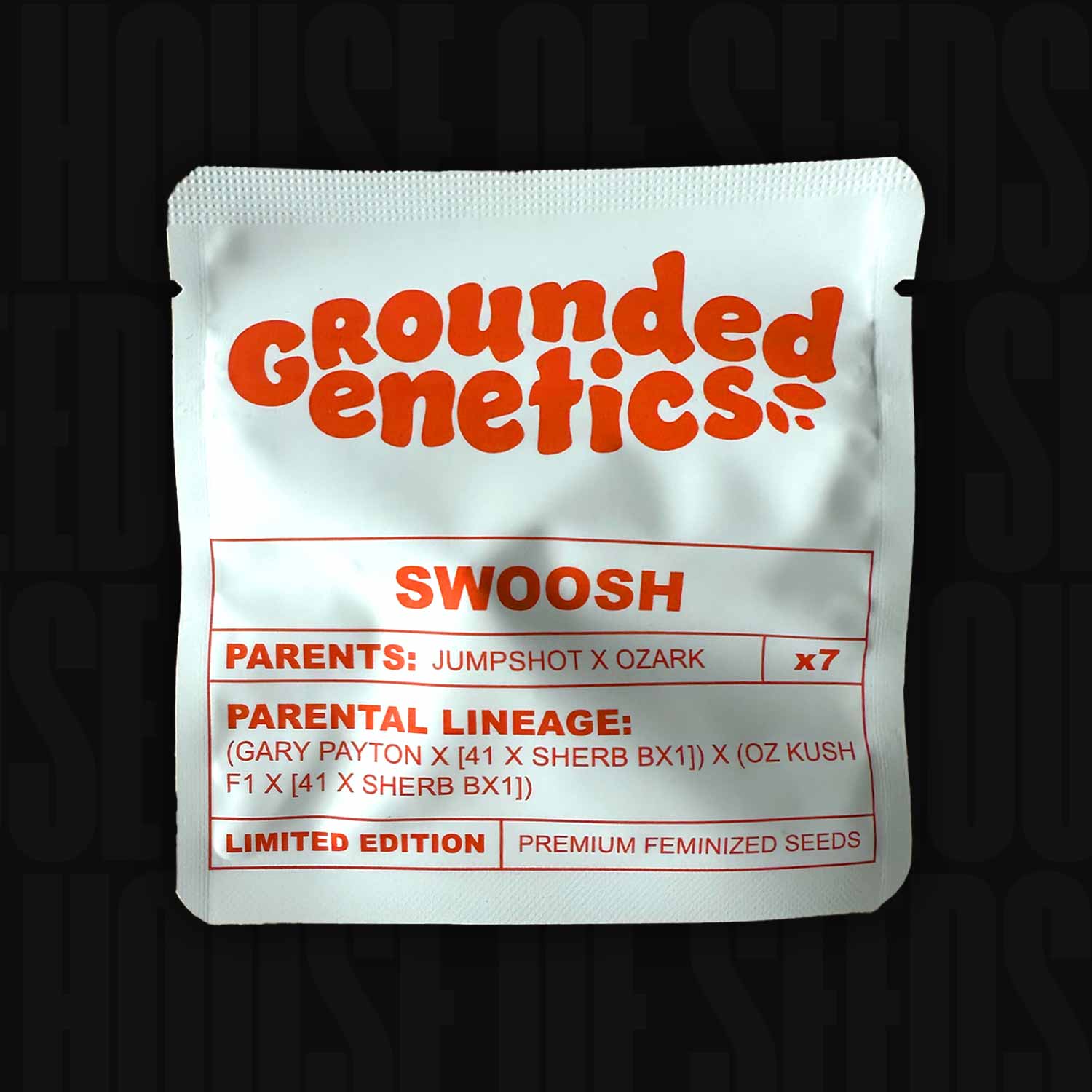 Weißes Grounded Genetics Saatgutpaket mit roter Aufschrift Swoosh, Angabe zur Genetik: Jumpshot x Ozark