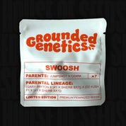 Weißes Grounded Genetics Saatgutpaket mit roter Aufschrift Swoosh, Angabe zur Genetik: Jumpshot x Ozark