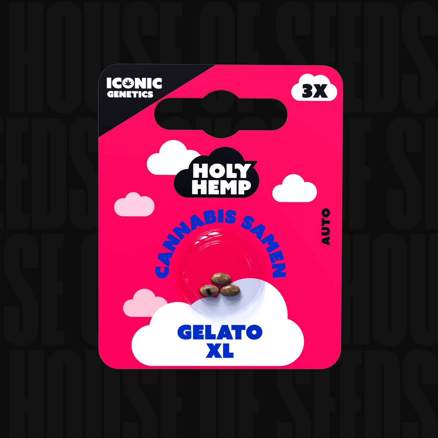 Leuchtend rosa Holy Hemp Gelato XL Auto Packung mit drei Samen im Sichtfenster und Wolkengrafiken