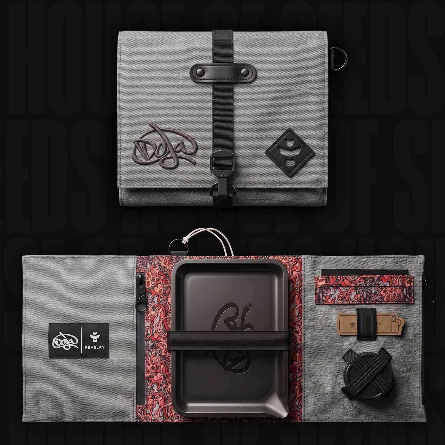 Das Doja Rolling Kit (geruchsdicht) von Doja ist ein grauer, zusammenklappbarer Organizer mit Ablagefach sowie Fächern für Werkzeuge und Zubehör.
