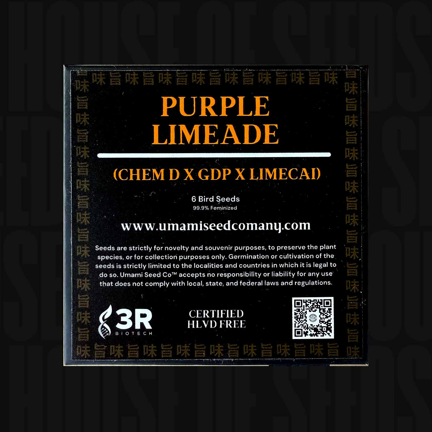 Schwarzes Paket mit der Aufschrift Umami Seed Co Purple Limeade Samen mit Website und Zertifizierung in weißer und gelber Schrift.