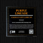 Schwarzes Paket mit der Aufschrift Umami Seed Co Purple Limeade Samen mit Website und Zertifizierung in weißer und gelber Schrift.