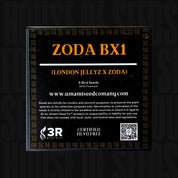 Umami Seed Co Zoda BX1 Saatgutpackung mit Zertifizierungslogos und Website-Informationen.