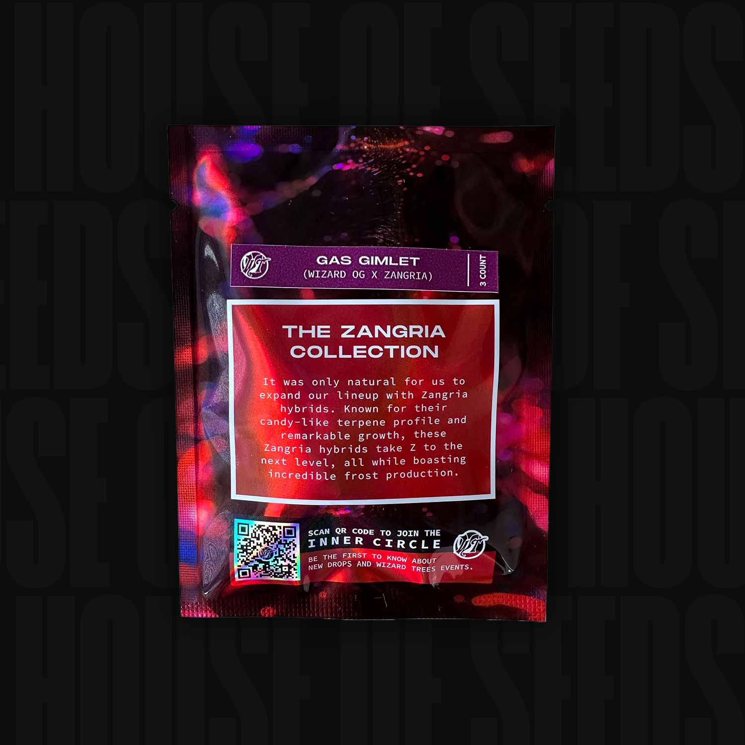 Wizard Trees Samenpaket „Gas Gimlet“ mit QR-Code und Beschreibung vor dunkel gemustertem Hintergrund