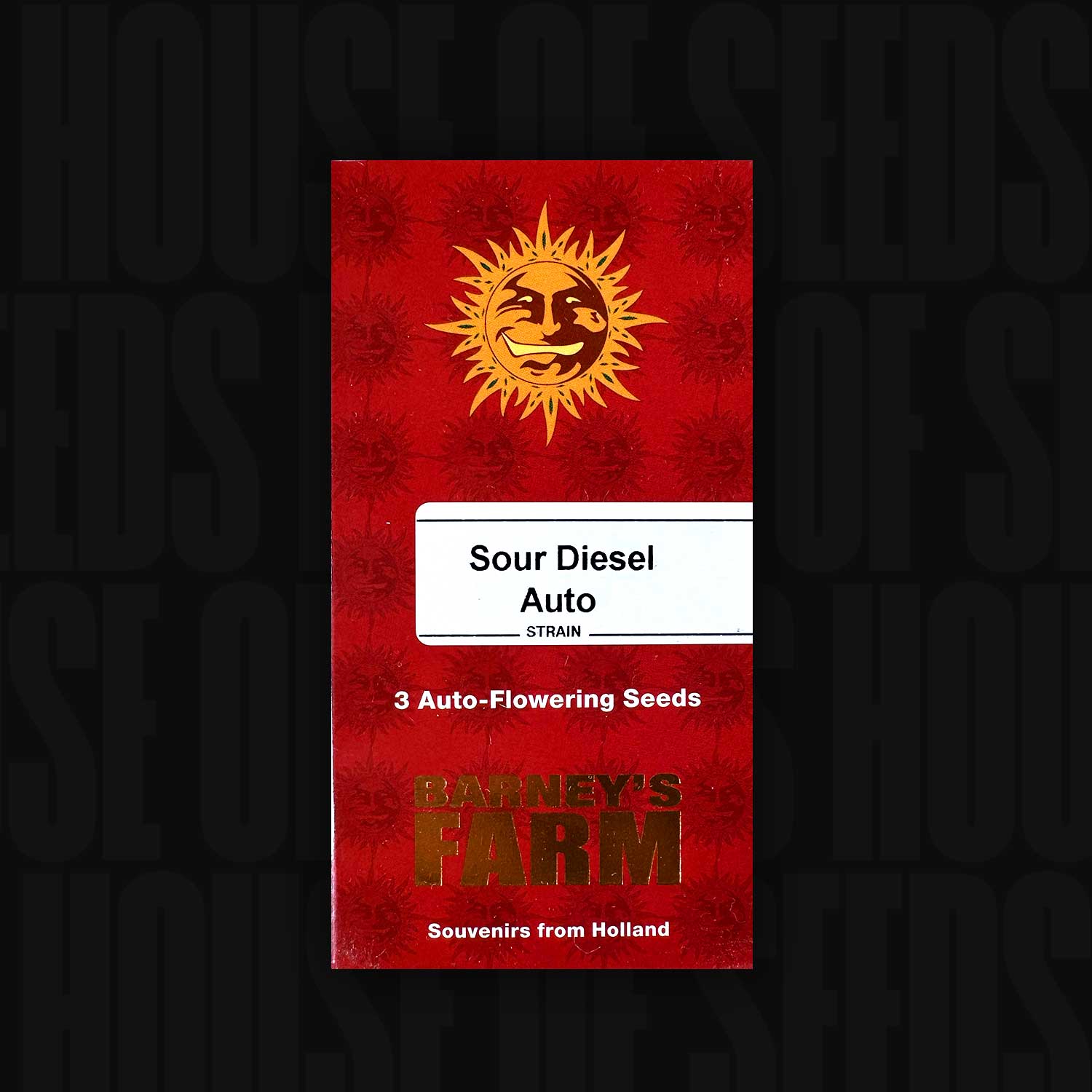 Rote Packung mit der Aufschrift Sour Diesel Auto mit Sonnenlogo, 3 Autoflower-Samen von Barney's Farm.