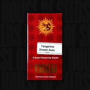 Rote Packung mit der Aufschrift Tangerine Dream Auto, Barney's Farm, Sonnenlogo, 5 selbstblühende Samen.