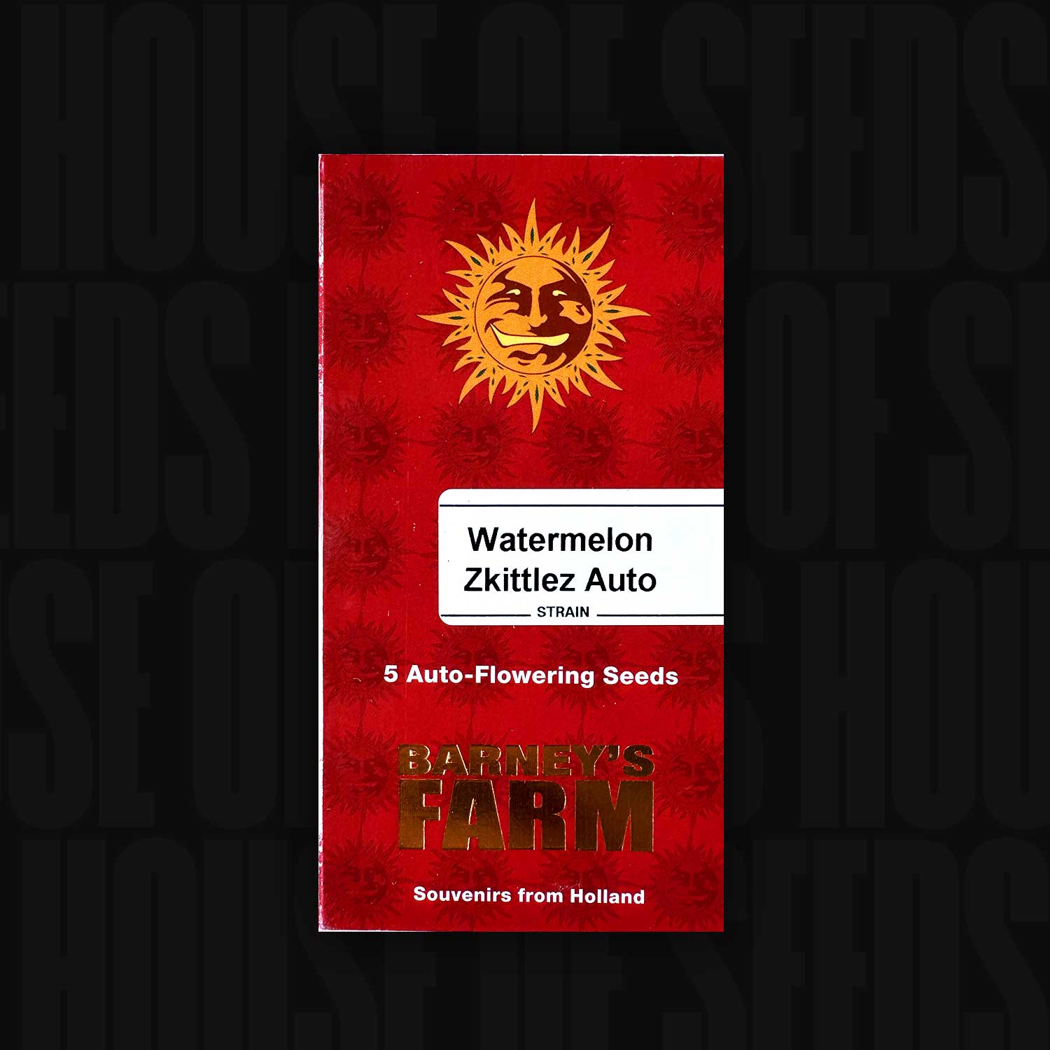 Rotes Barney’s Farm Päckchen Watermelon Zkittlez Auto mit Sonnenlogo, Aufschrift 5 Auto Seeds und Text "Souvenirs from" Holland